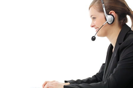 Customer service operator woman with headset, isolated on white background.の写真素材