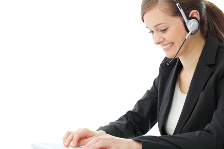 Customer service operator woman with headset, isolated on white background.の写真素材
