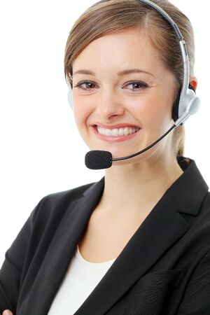 Customer service operator woman with headset, isolated on white background.の写真素材