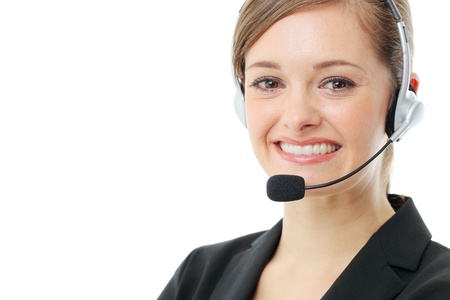 Customer service operator woman with headset, isolated on white background.の写真素材