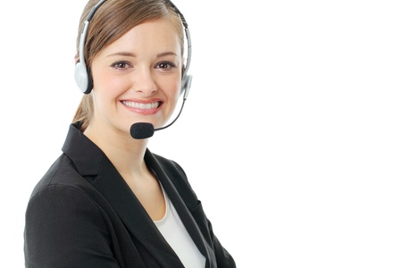 Customer service operator woman with headset, isolated on white background.の写真素材
