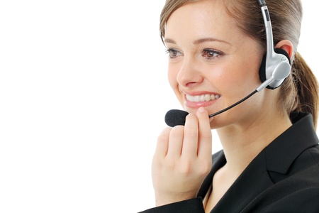 Customer service operator woman with headset, isolated on white background.の写真素材
