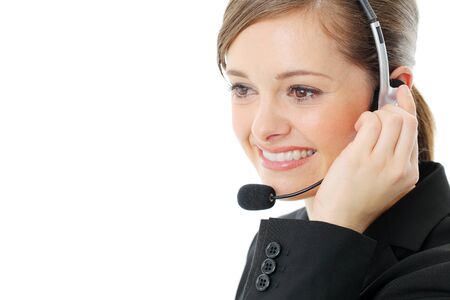 Customer service operator woman with headset, isolated on white background.の写真素材
