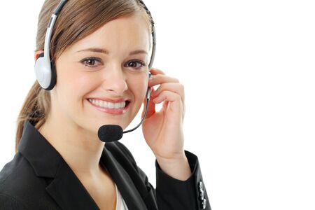 Customer service operator woman with headset, isolated on white background.の写真素材