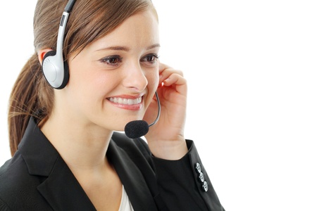 Customer service operator woman with headset, isolated on white background.の写真素材