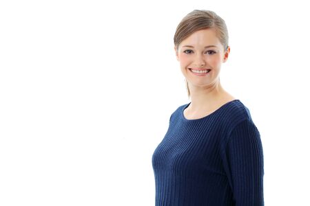 Beautiful casual young woman standing isolated against white backgroundの写真素材