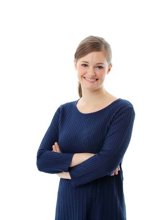 Beautiful casual young woman standing isolated against white backgroundの写真素材