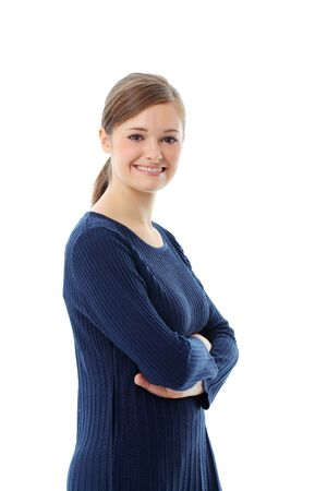 Beautiful casual young woman standing isolated against white backgroundの写真素材