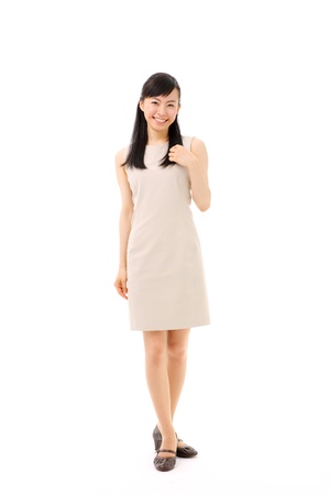 beautiful young girl introducing somethingの写真素材