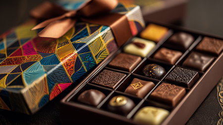 Box of assorted chocolates with ribbon on dark background, closeupの素材