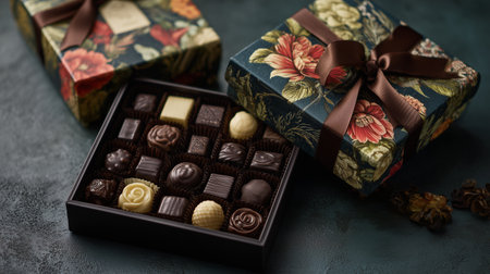 Box of assorted chocolates on a dark background. Selective focus.の素材