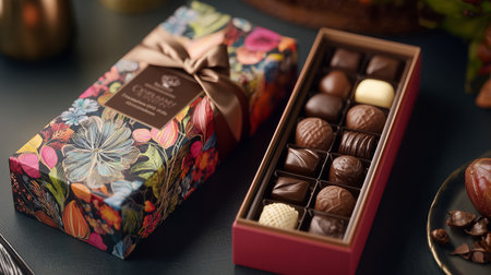 Box of assorted chocolates on dark background. Selective focus.の素材