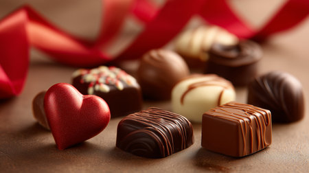 Chocolate candies with red ribbon on wooden table, closeupの素材