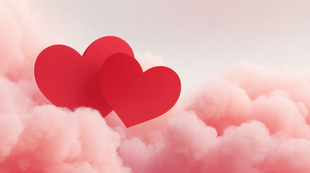 Valentines day background with two red paper hearts in the cloudsの素材