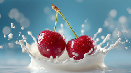 Cherry in milk splash on blue background. 3d rendering.の素材