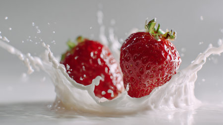 strawberry falling into the milk with splashes on gray backgroundの素材
