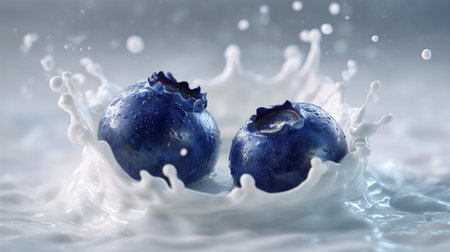Blueberries in milk splash. 3d rendering, 3d illustration.の素材