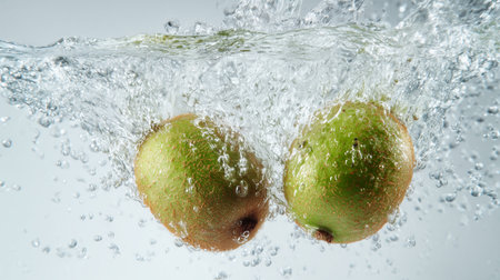 Fresh kiwi in water splash, isolated on white background.の素材