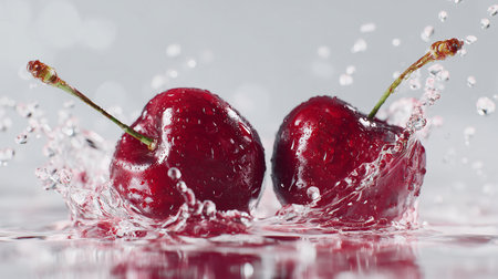 Cherries in water splashes on a white background. Selective focus.の素材