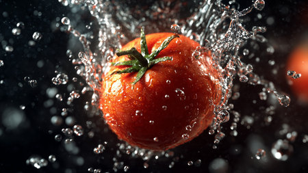 Tomato in water with a splash on a black background, close upの素材