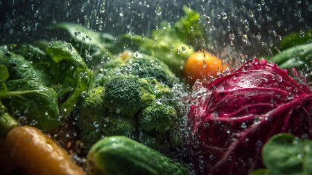 Fresh vegetables with water drops. Healthy food concept. Selective focus.の素材