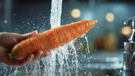 Close up of human hand holding fresh carrot with water splash in kitchenの素材