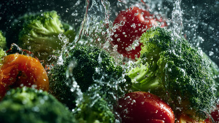 Fresh vegetables splashing water on black background. Healthy food concept.の素材