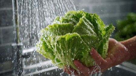 Close-up of woman's hands washing lettuce in the kitchen.の素材