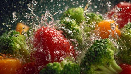 Falling vegetables with water drops on dark background, closeup.の素材