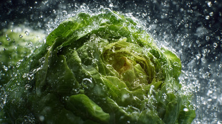 Cabbage under water with a spray of water on a dark backgroundの素材