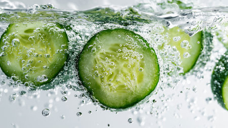 Cucumber in water with bubbles on white background, closeupの素材