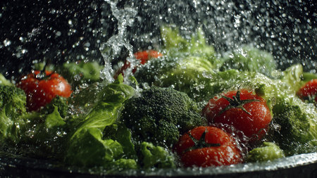 Fresh vegetables with water splash on black background. Selective focus.の素材