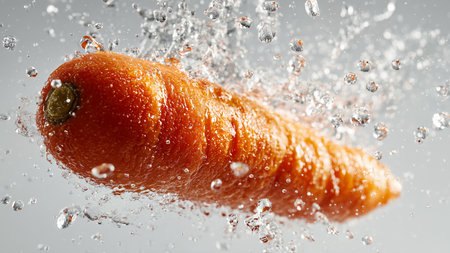 Carrot in water with splash and drops of water on white backgroundの素材