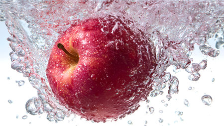Red apple in water with bubbles on a white background. Close-up.の素材