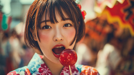 Asian japanese girl eating lollipop in the traditional festivalの素材
