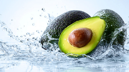 Avocado with water splash on white background, close-up.の素材