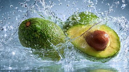 Fresh avocados in water splash, close up view. Healthy food conceptの素材