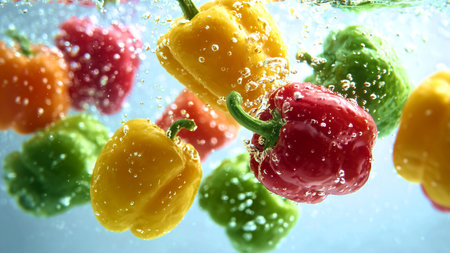 Colorful paprika splashing in water, close-up viewの素材