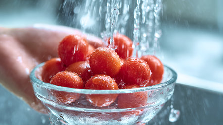 Washing fresh cherry tomatoes in a glass bowl with water, closeupの素材