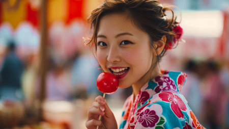 Asian woman eating lollipops in a street food market.の素材