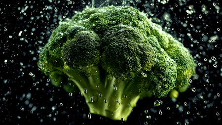 Broccoli in water on a black background with drops of water.の素材