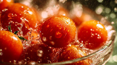 Fresh cherry tomatoes in a glass bowl with water drops. Selective focus.の素材