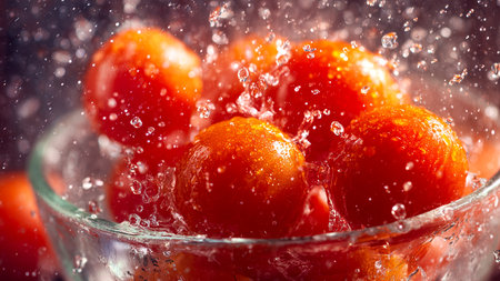 Fresh cherry tomatoes in water splash on dark background. Selective focus.の素材