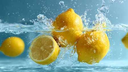 Lemons falling into water with splash, isolated on blue backgroundの素材