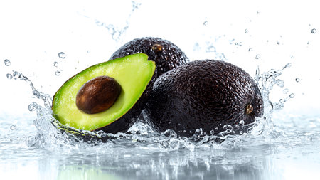 fresh avocados with water splash, isolated on a white backgroundの素材