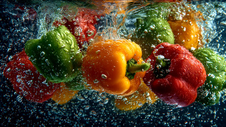 Colorful bell peppers splashing in water on a black background.の素材