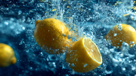 Fresh lemon falling into water with splash on blue background, close upの素材