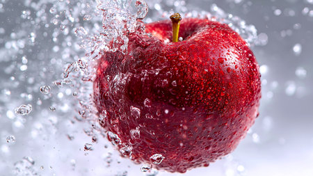 Red apple with water splash on white background, close-up.の素材