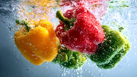 Red, yellow and green paprika splashing into water on blue backgroundの素材