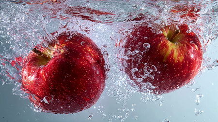 Red apples falling into water with a splash on a white background.の素材